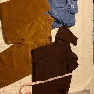 J. Crew Mustard Pants; Banana Republic cardigan set